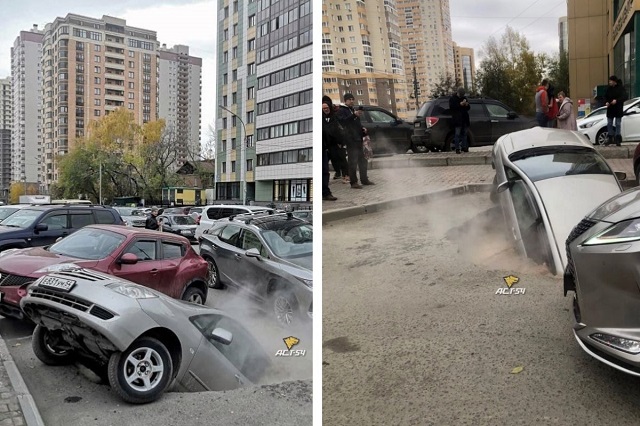 В яму с кипятком провалились два автомобиля в Новосибирске — видео