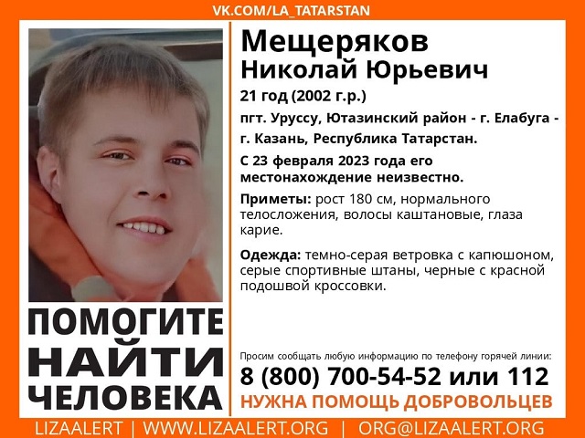 Без вести пропавшего 21-летнего жителя РТ Николая Мещерякова объявили в розыск